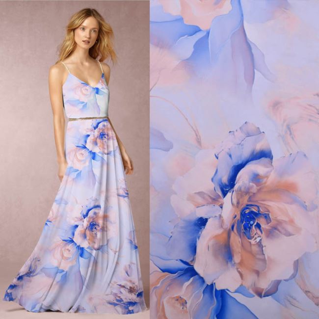 Umělé hedvábí Silky v modré barvě s digitálním potiskem květin NL-CS3754D