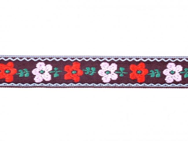 Ozdobná tkaná stuha v hnědé barvě s květy 30132
