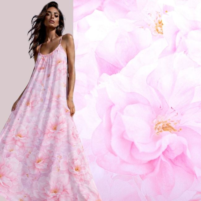 Umělé hedvábí Silky v bílé barvě s digitálním potiskem květin SMT-EP2402