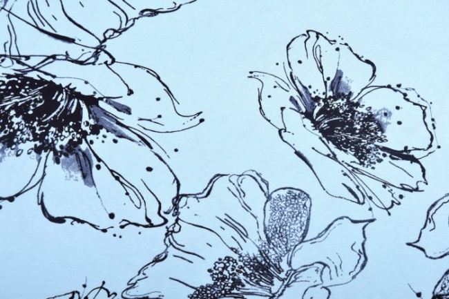 Viskozový úplet v mentolové barvě s potiskem velkých černých květin 4310/021