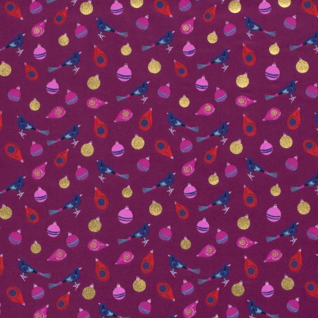 Vánoční látka z bavlny ve světle fialové barvě s potiskem ozdob a ptáčků 18717/019