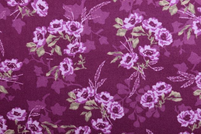 Popelín ve fialové barvě s potiskem květin 19412/044