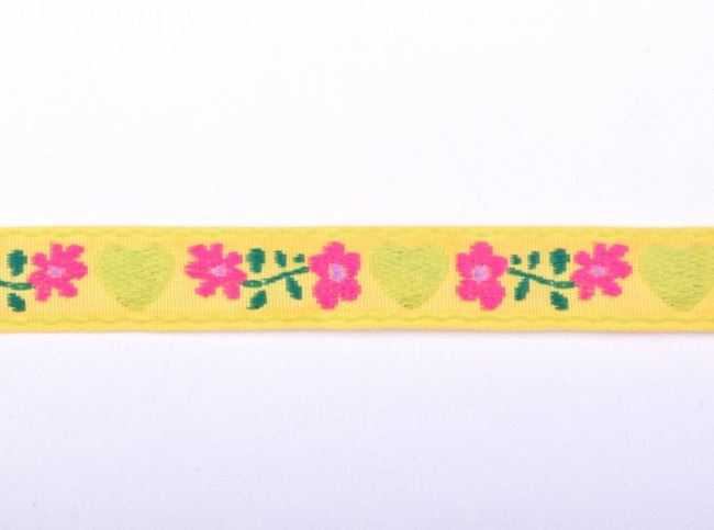 Ozdobná tkaná stuha ve žluté barvě s květy a srdíčky 30124