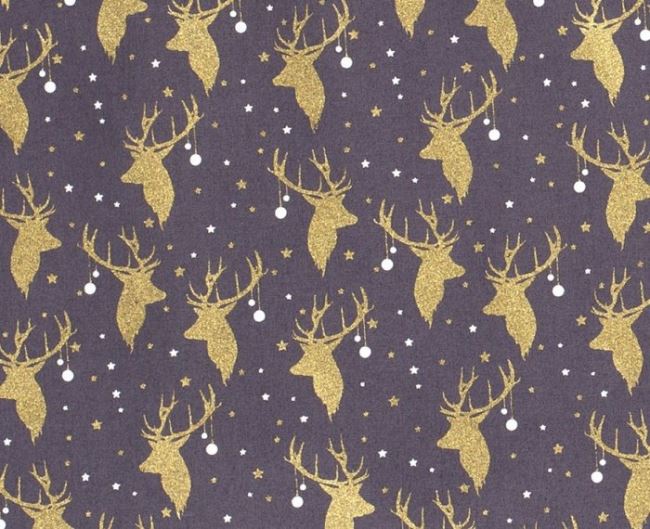 Vánoční látka z bavlny v šedé barvě se zlatým potiskem jelenů 16705/068