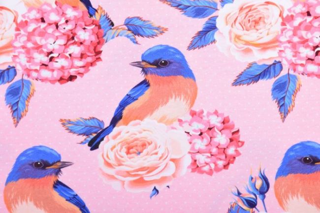 Bavlněný úplet v růžové barvě s digitálním potiskem květin a ptáčků 62326