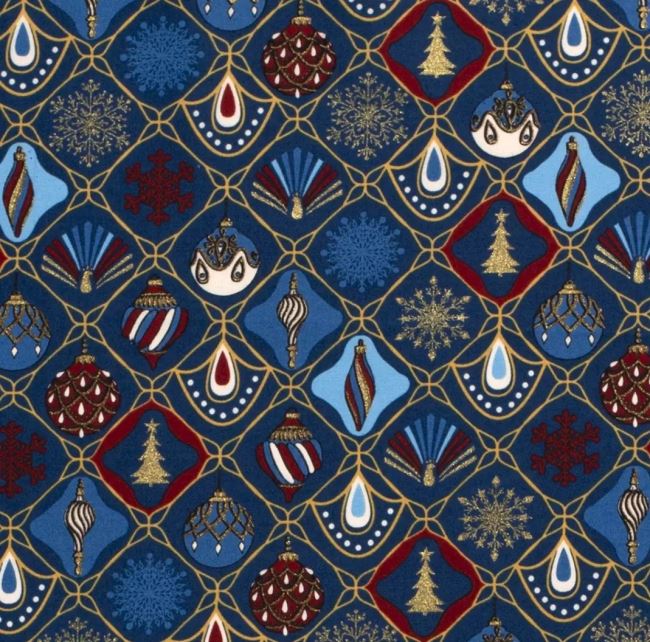 Vánoční látka z bavlny v modré barvě s ozdobným potiskem 18709/008