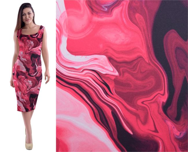 Umělé hedvábí Silky v růžové barvě s abstraktním digitálním potiskem AP143