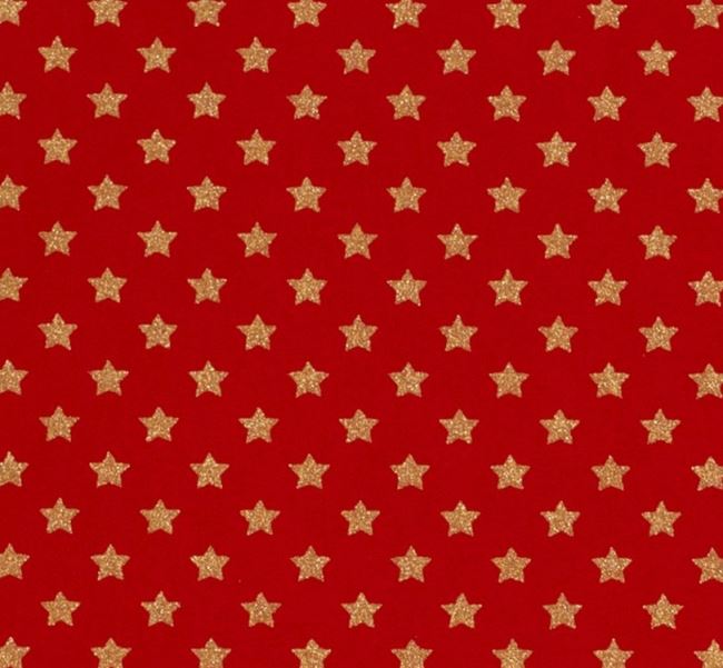 Vánoční látka z bavlny v červené barvě s potiskem zlatých hvězdiček 20704/015
