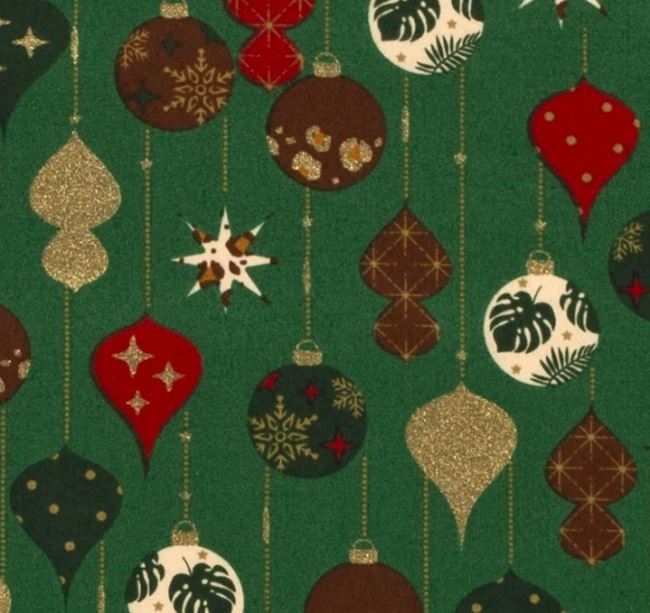 Vánoční látka z bavlny v zelené barvě s potiskem ozdob 18706/025