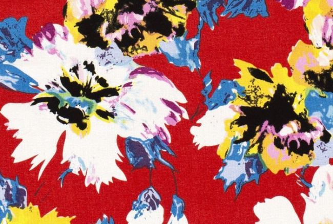 Viskózová látka s příměsí lnu v červené barvě s barevnými květy 15250/057