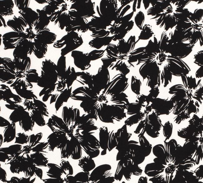 Viskózová látka v bílé barvě s potiskem černých květin 18055/051