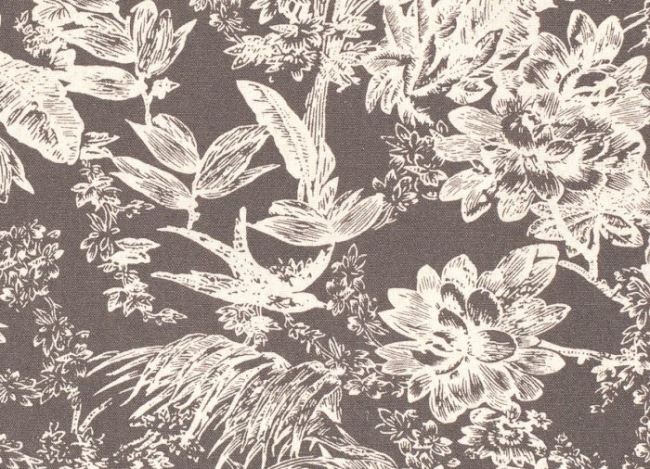 Viskózová látka s příměsí lnu hnědo šedé barvy s květy 15234/054