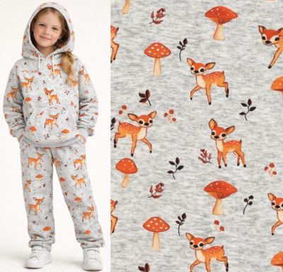 Alpenfleece v žíhané šedé barvě s digitálním potiskem lesních zvířátek 22381/960