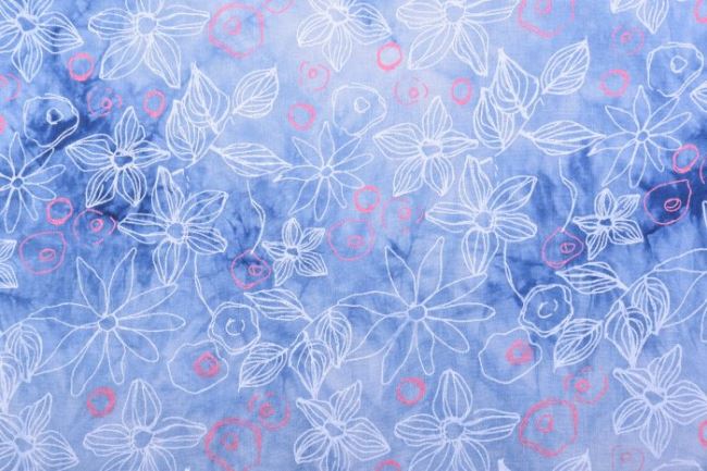 Bavlněná halenkovina s modrým batikovaným vzorem a květy BA86