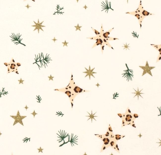 Vánoční látka z bavlny ve smetanové barvě s potiskem hvězd 18705/051