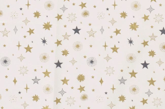 Vánoční látka z bavlny ve smetanové barvě s potiskem hvězd 16708/051