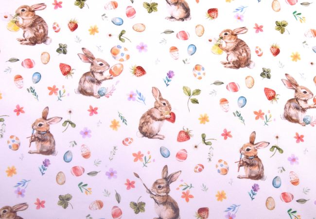 Velikonoční bavlněná látka v bílé barvě s digitálním potiskem zajíčka 211840.0001