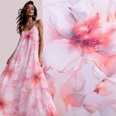 Umělé hedvábí Silky s digitálním potiskem velkých květin SMT-MIO746B