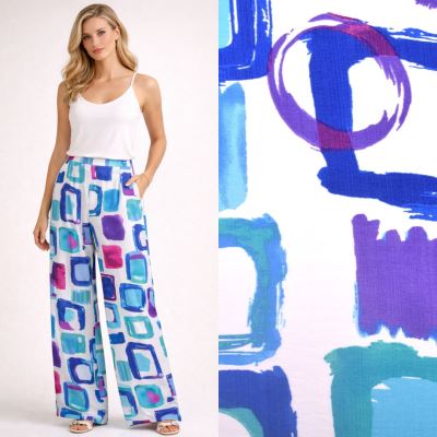 Viskózová látka v bílé barvě s geometrickým potiskem TF555