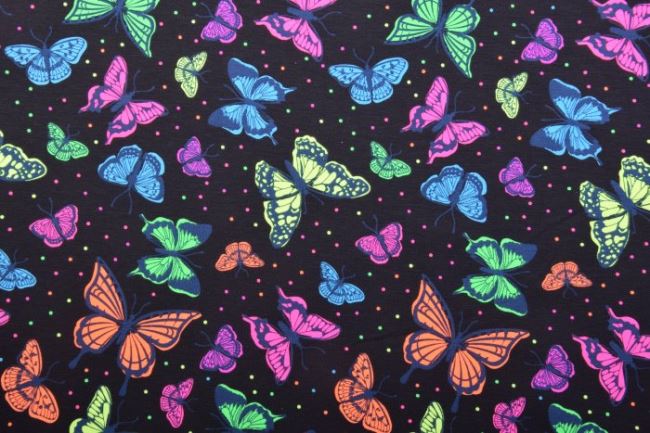 Bavlněný úplet s potiskem motýlků a puntíků v neonových barvách KC8281-269