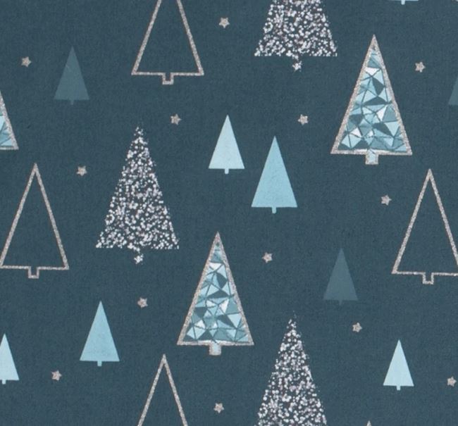 Vánoční látka z bavlny v mentolové barvě s potiskem stromů 18718/024