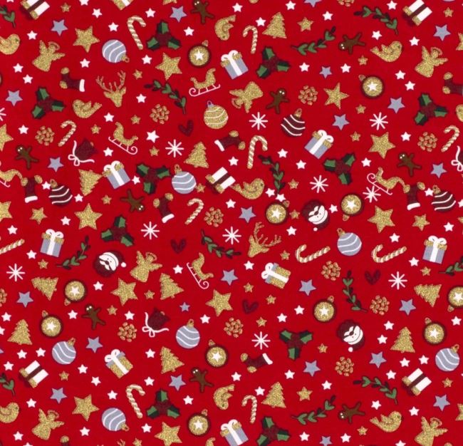 Vánoční látka z bavlny v červené barvě s drobným potiskem 18731/015