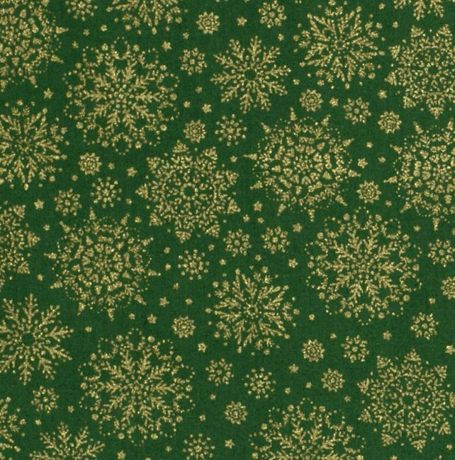 Vánoční látka z bavlny v zelené barvě s potiskem zlatých sněhových vloček 20712/025