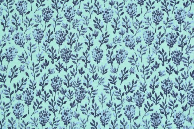 Bavlněný úplet modré barvy s květy 134.018.0003