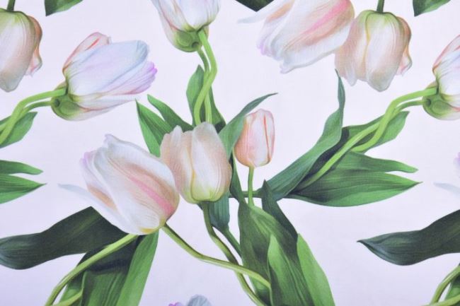 Bavlněný úplet v bílé barvě s digitálním potiskem tulipánů 13903-02