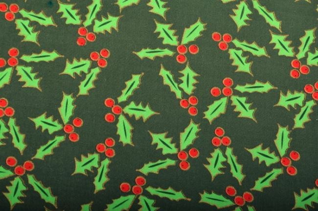 Vánoční zelená bavlna s potiskem cesmíny 05987/028