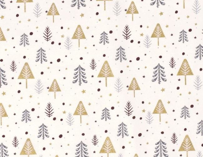 Vánoční látka z bavlny ve smetanové barvě s potiskem stromků 16711/051