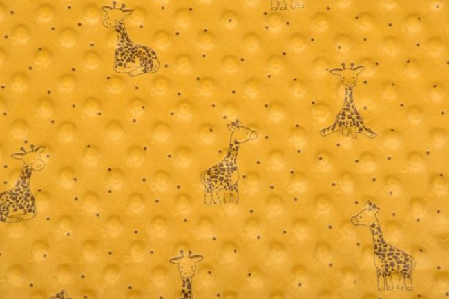 Minky fleece v hořčičné barvě s potiskem žiraf 15381/580