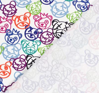 Teplákovina French Terry v bílé barvě s potiskem medvědů 21867/050 Teplákovina French Terry v bílé barvě s potiskem medvědů 21867/050