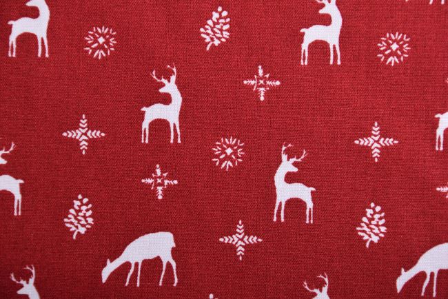 Vánoční látka z bavlny v tmavě červené barvě s potiskem jelenů K15024-016D