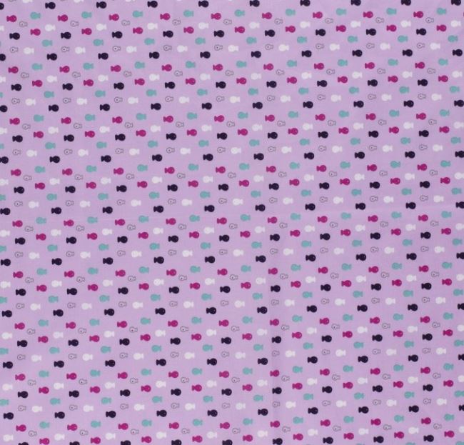 Bavlněná látka v lila barvě s potiskem barevných rybiček 13094/012