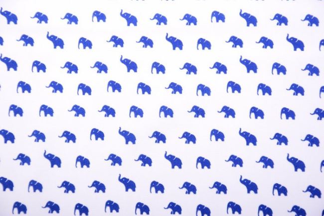 Popelín v bílé barvě s potiskem modrých slonů KC0386-008