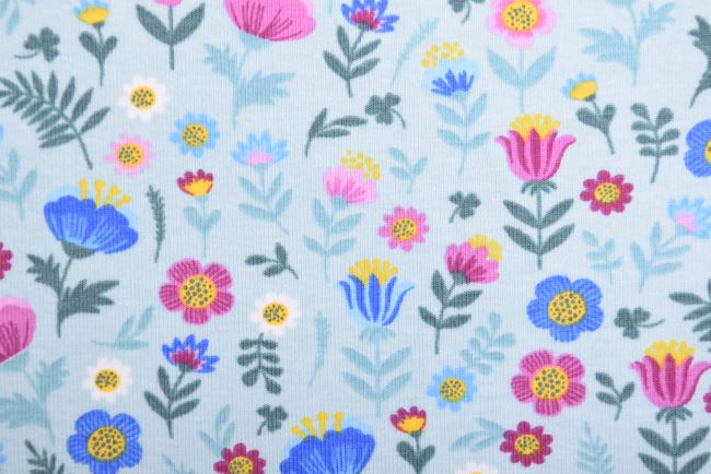 Bavlněný úplet v mentolové barvě s potiskem květin 19583/021