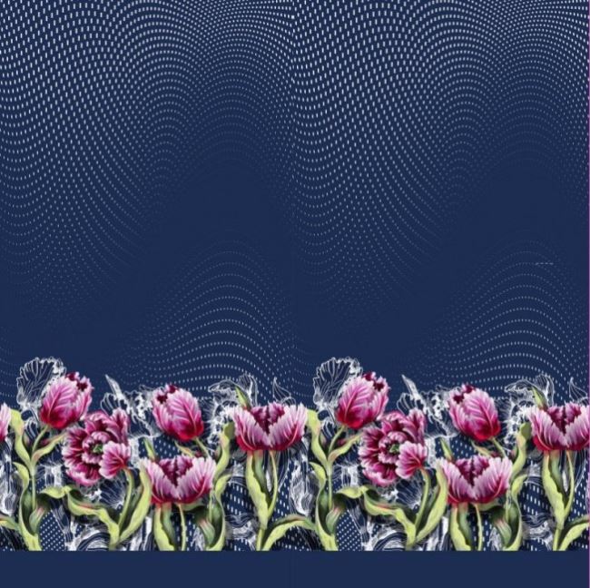 Bavlněný úplet v tmavě modré barvě s digitálním potiskem květin 15977-15