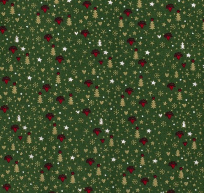 Vánoční látka z bavlny v zelené barvě s tématickým potiskem 14707/025