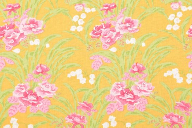 Americká bavlna na patchwork žluté barvy s květy 199PYOPM/84