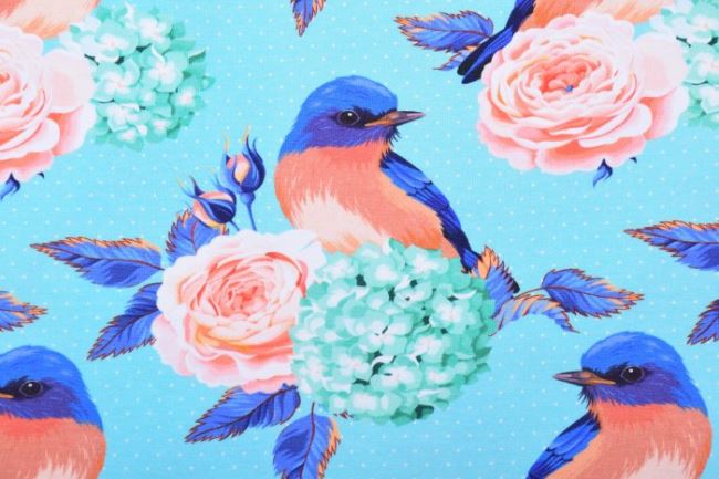 Bavlněný úplet v tyrkysové barvě s digitálním potiskem květin a ptáčků 62325