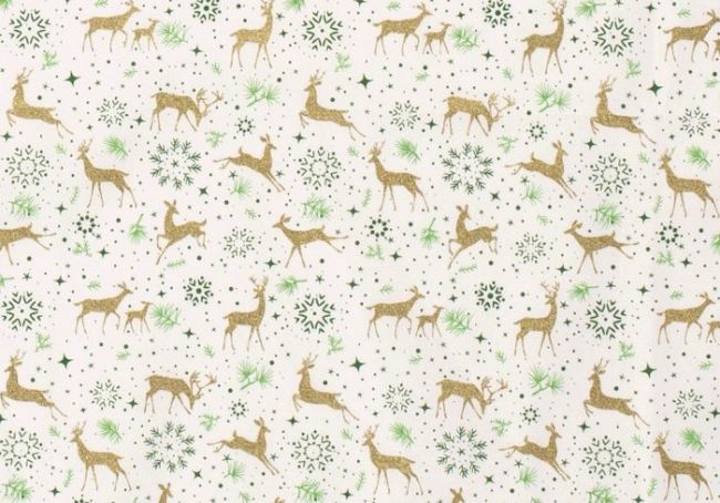 Vánoční látka z bavlny smetanové barvy s potiskem jelenů 16722/051