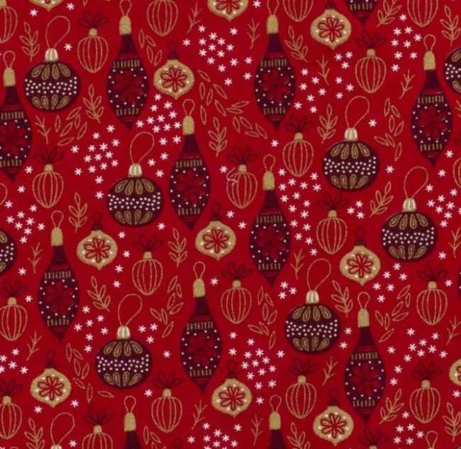 Vánoční látka z bavlny v červené barvě s potiskem ozdob 14705/015