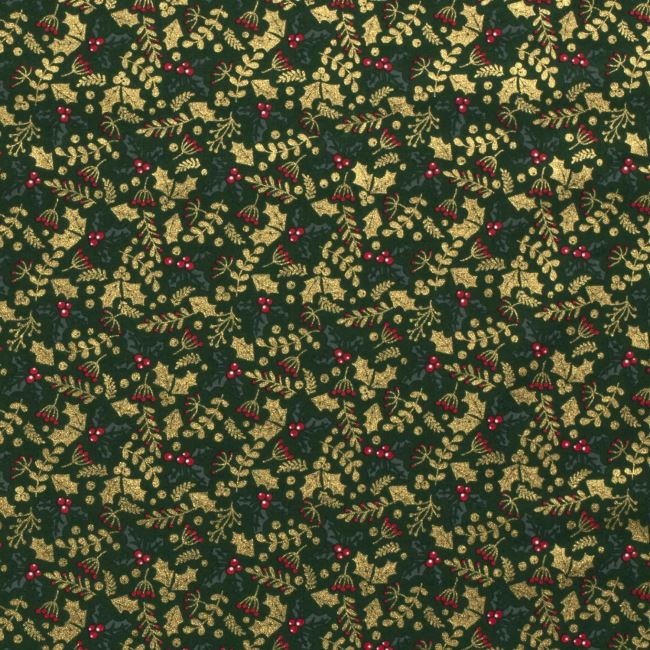 Vánoční látka z bavlny v zelené barvě s potiskem větviček 18729/025