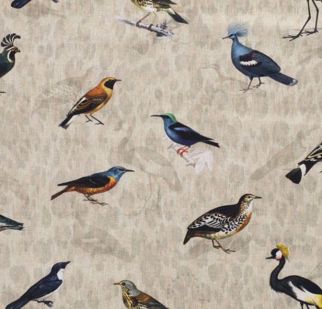 Dekorační látka v režné barvě s digitálním potiskem ptáků 1495/052