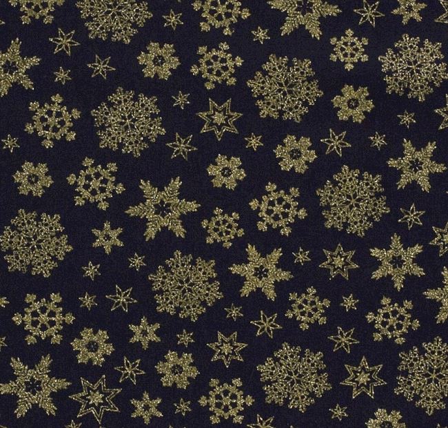 Vánoční látka z bavlny v modré barvě s potiskem zlatých sněhových vloček 20708/008