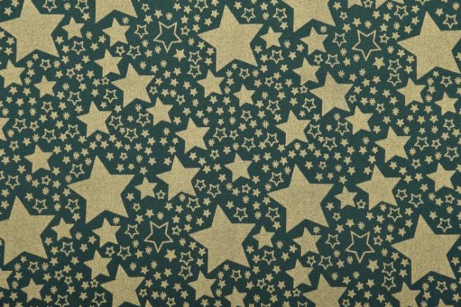 Vánoční látka z bavlny v tmavě zelené barvě s hvězdičkami 12710/025