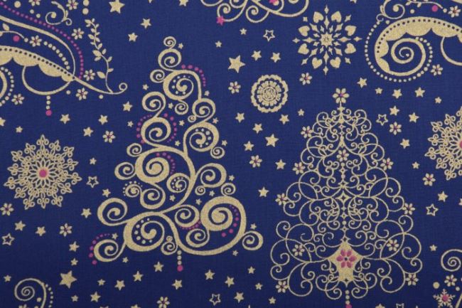 Vánoční látka z bavlny v tmavě modré barvě s ornamenty 12706/008