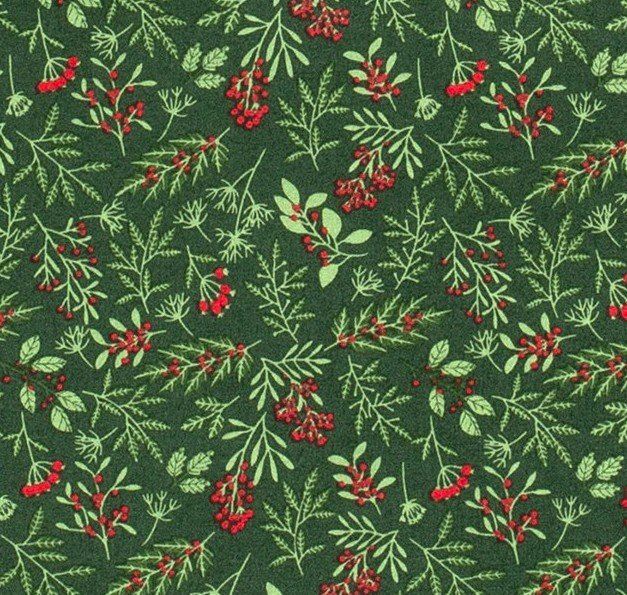 Vánoční látka z bavlny v zelené barvě s potiskem větviček 16723/028