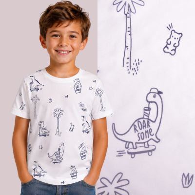 Bavlněný úplet ve smetanové  barvě s potiskem dinosaurů a textů TU26453